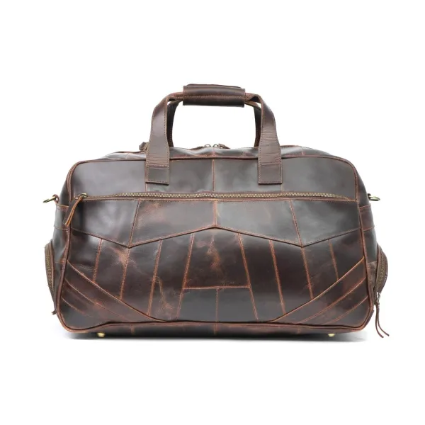 Handcrafted dark brown genuine leather duffel bag with front zipper pocket, sturdy handles, and vintage finish