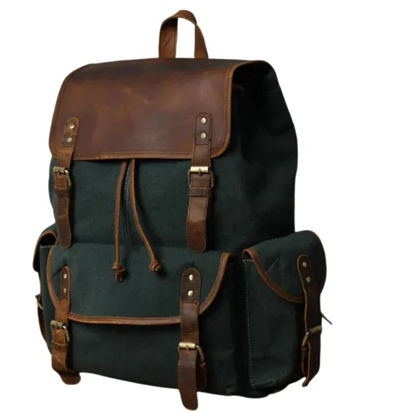 Handcrafted dark green canvas and brown leather backpack with front pockets, buckle straps, and drawstring closure