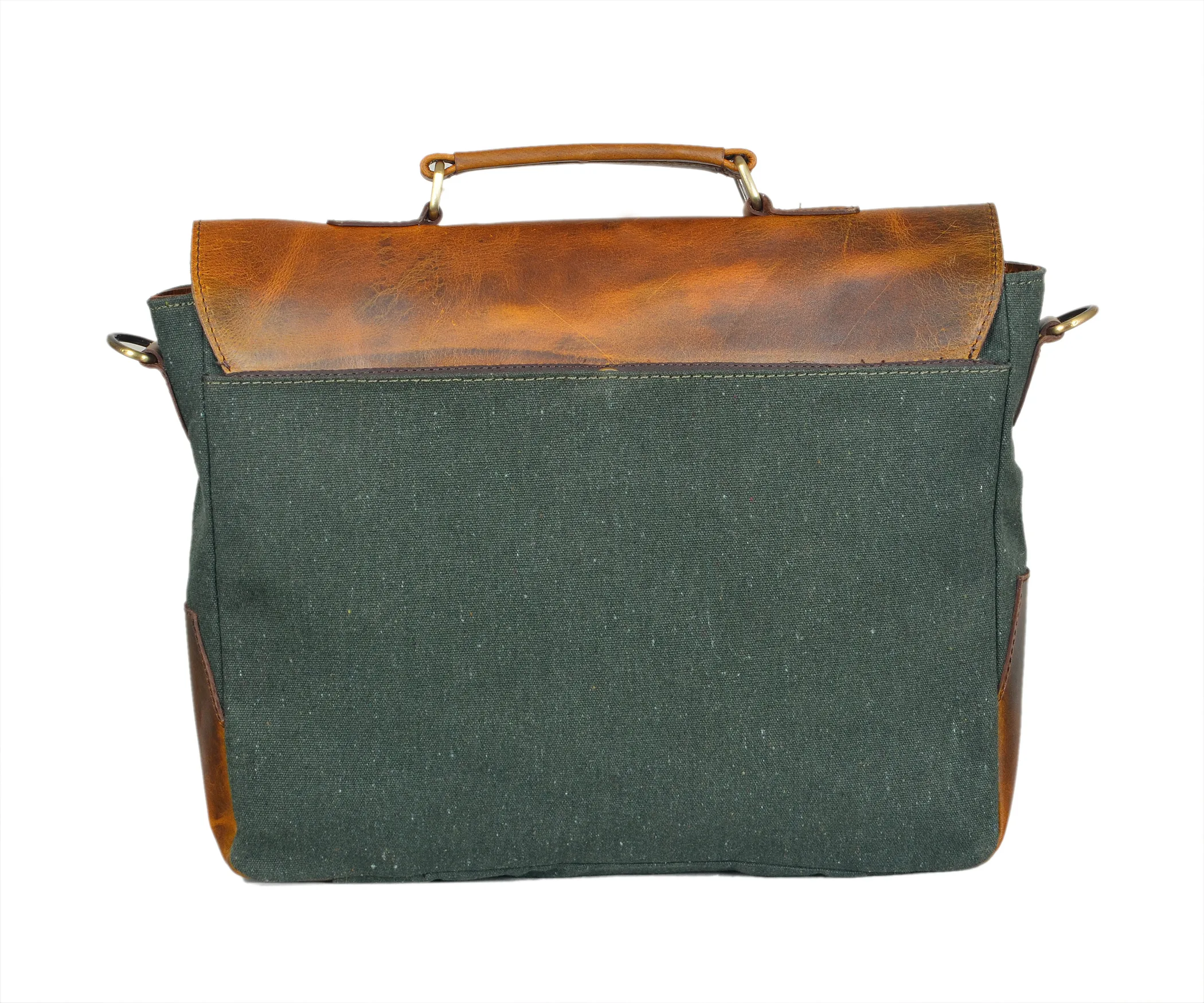 Handcrafted leather and canvas messenger laptop bag with adjustable strap and brass buckle closures