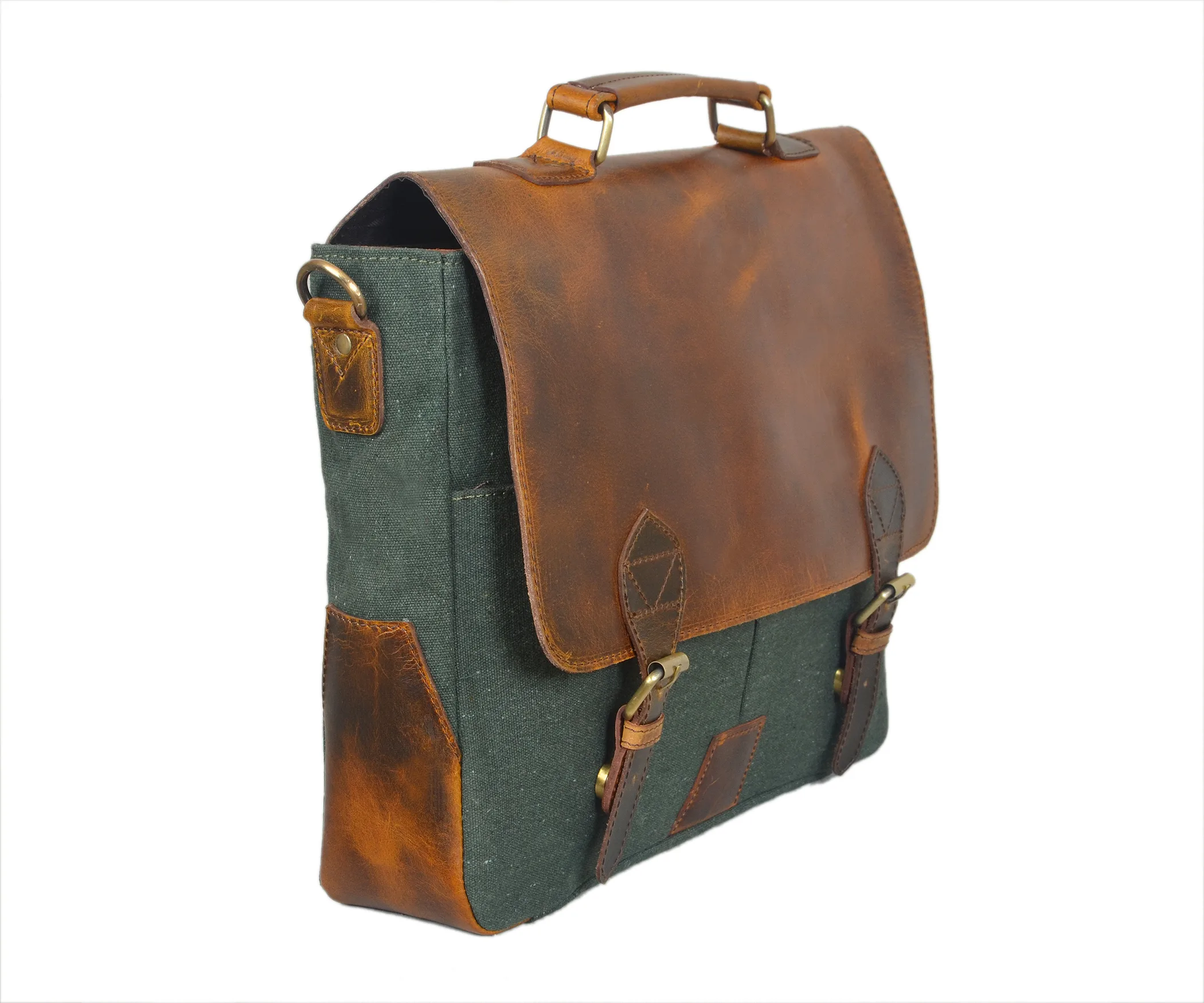 Handcrafted leather and canvas messenger laptop bag with adjustable strap and brass buckle closures