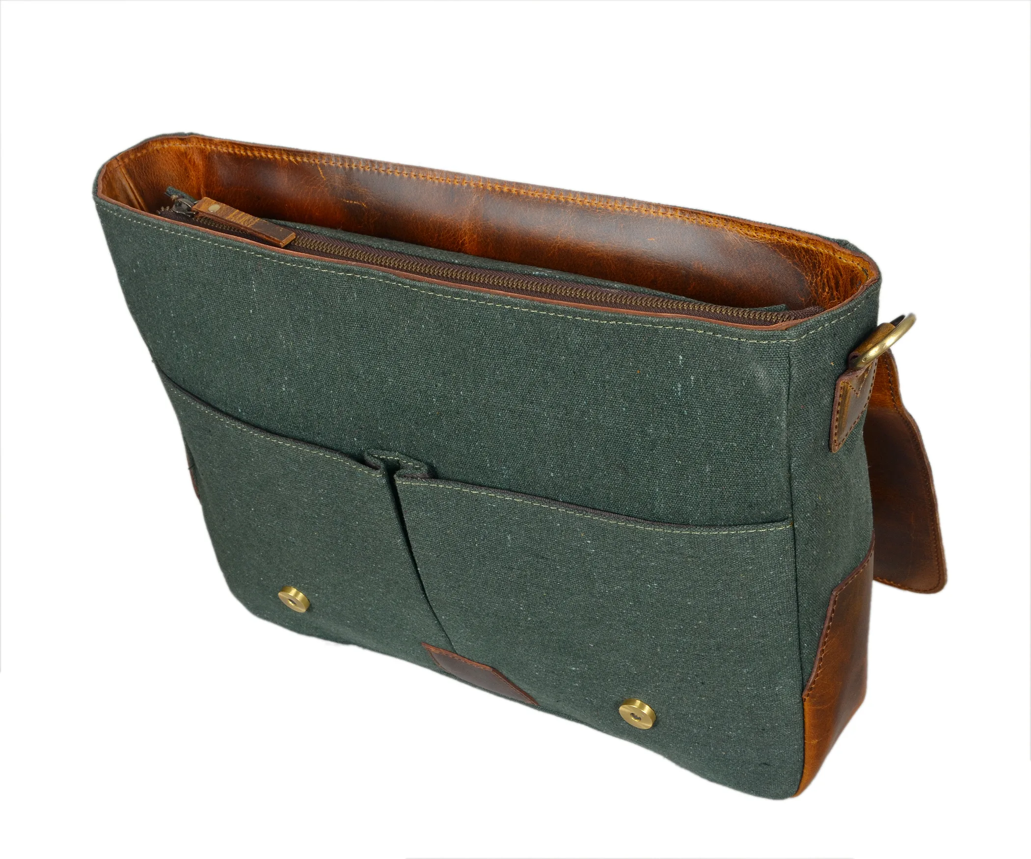 Handcrafted leather and canvas messenger laptop bag with adjustable strap and brass buckle closures