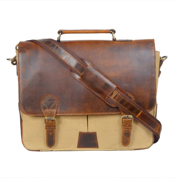Volere Leathers Premium Beige Color Leather Canvas Laptop Bag