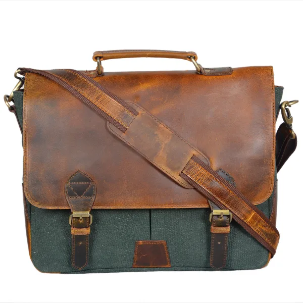 Handcrafted leather and canvas messenger laptop bag with adjustable strap and brass buckle closures