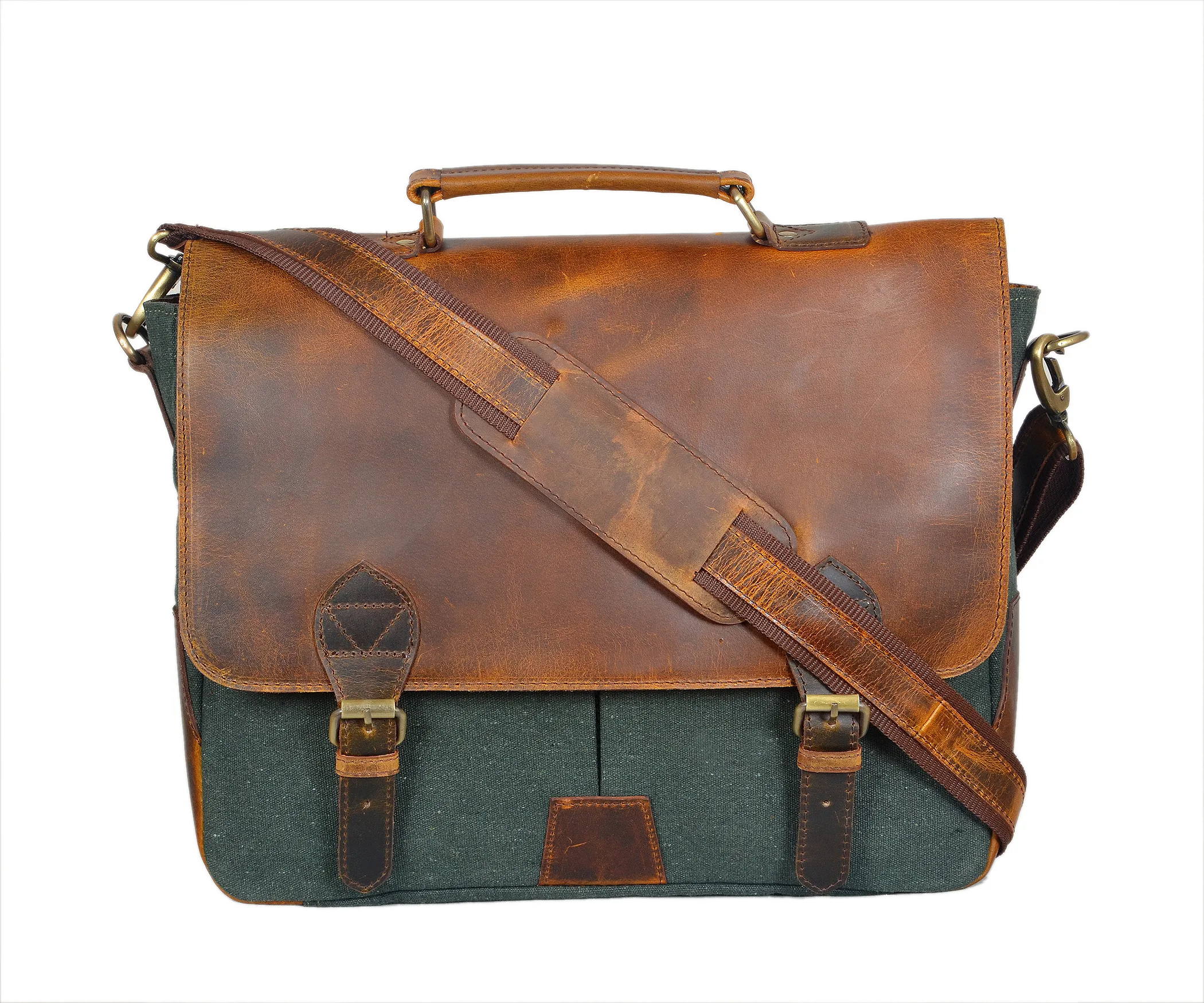 Handcrafted leather and canvas messenger laptop bag with adjustable strap and brass buckle closures