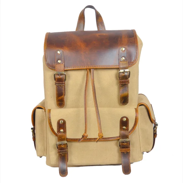 front view of beige color leather canvas backpack