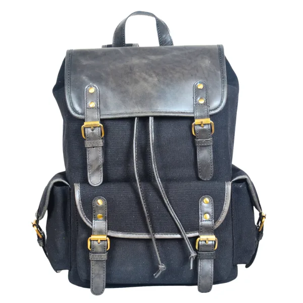 front view of black leather & canvas backpack