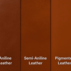 Close-up side-by-side comparison of aniline, semi-aniline, and pigmented leather, each labeled clearly to show differences in grain, color, and finish.