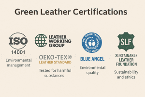 Infographic titled "Green Leather Certifications" showing five major sustainability certifications: Leather Working Group (LWG), ISO 14001, OEKO-TEX® Leather Standard, Blue Angel, and Sustainable Leather Foundation. Each logo is paired with a short description of its focus area, such as environmental impact, chemical safety, and ethical practices