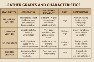 Infographic chart titled "Leather Grades and Characteristics," comparing full-grain, top-grain, split, and bonded leather based on appearance, strength and durability, cost, and common uses.