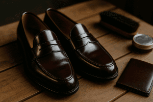 Close-up of a pair of dark oxblood shell cordovan penny loafers and a matching cordovan bifold wallet on a wooden bench, showing smooth vamp rolls and a mirror-like polish.
