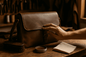 Close-up of a brown pull-up (Crazy Horse) leather messenger bag on a wooden workbench as a hand rubs a light scratch to blend it, with a horsehair brush, tin of wax-oil balm, and microfiber cloth nearby; warm natural workshop lighting.