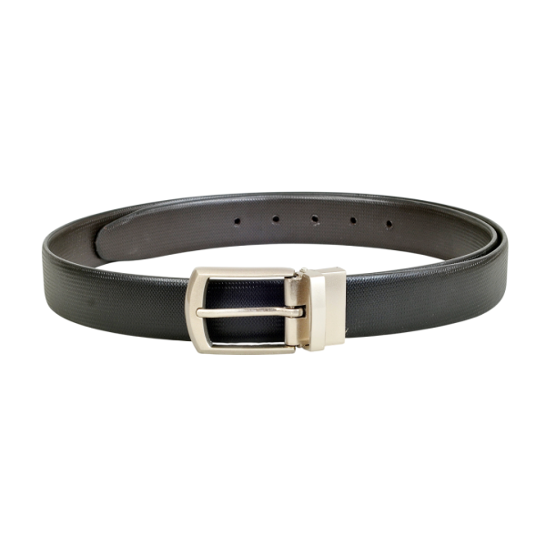 Black reversible faux leather belt with sleek metal buckle, made from vegan synthetic PU leather