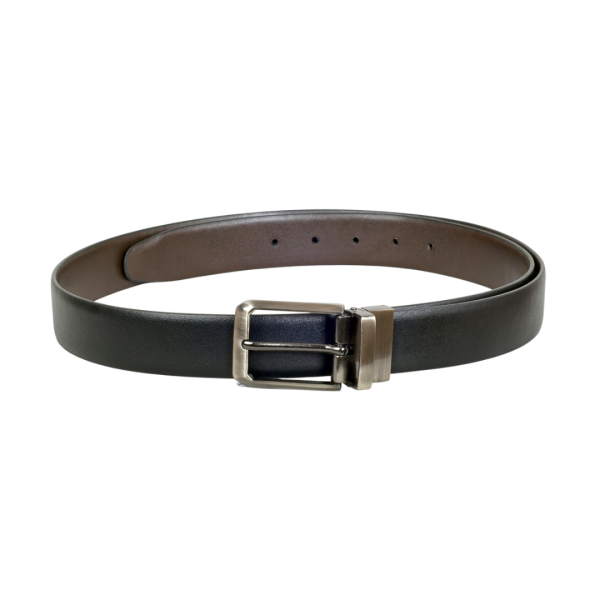 Black reversible faux leather belt with sleek metal buckle, made from vegan synthetic PU leather