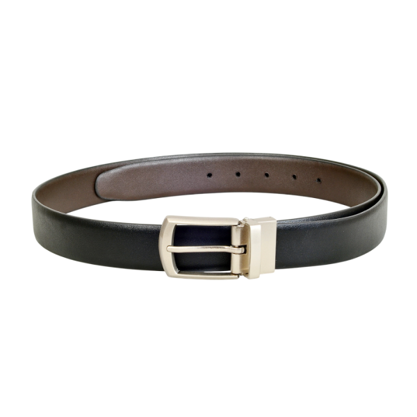 Black reversible faux leather belt with sleek metal buckle, made from vegan synthetic PU leather