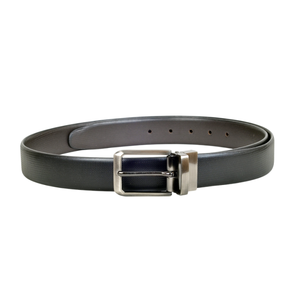 Black reversible faux leather belt with sleek metal buckle, made from vegan synthetic PU leather