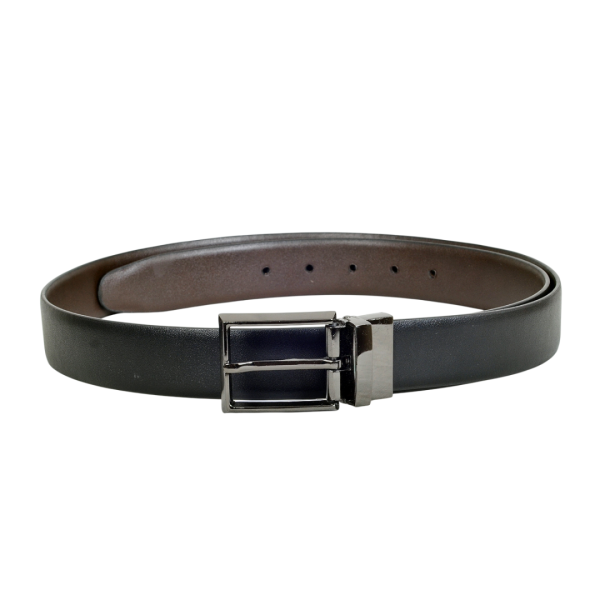 Black reversible faux leather belt with sleek metal buckle, made from vegan synthetic PU leather