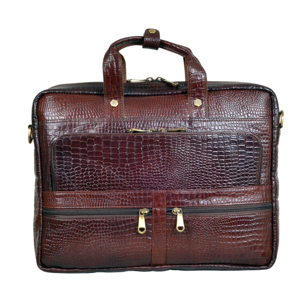 Dark brown croco print genuine leather laptop bag with dual front zip pockets and top handles