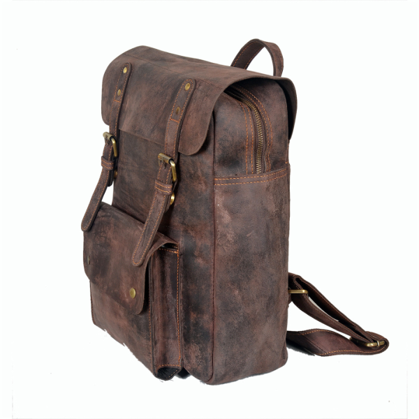Vintage brown genuine leather backpack with dual buckle straps and front pocket