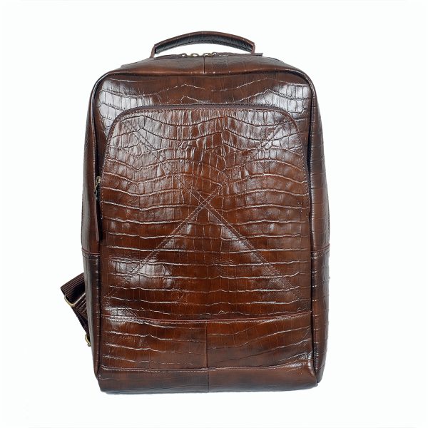 Brown croco print genuine leather backpack with sleek finish and top handle