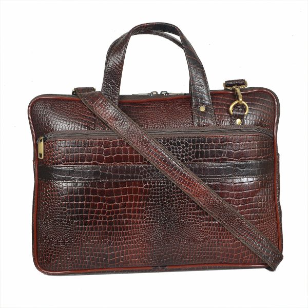 Brown croco-textured genuine leather laptop bag by Volere with adjustable shoulder strap, dual handles, and golden metal fittings.