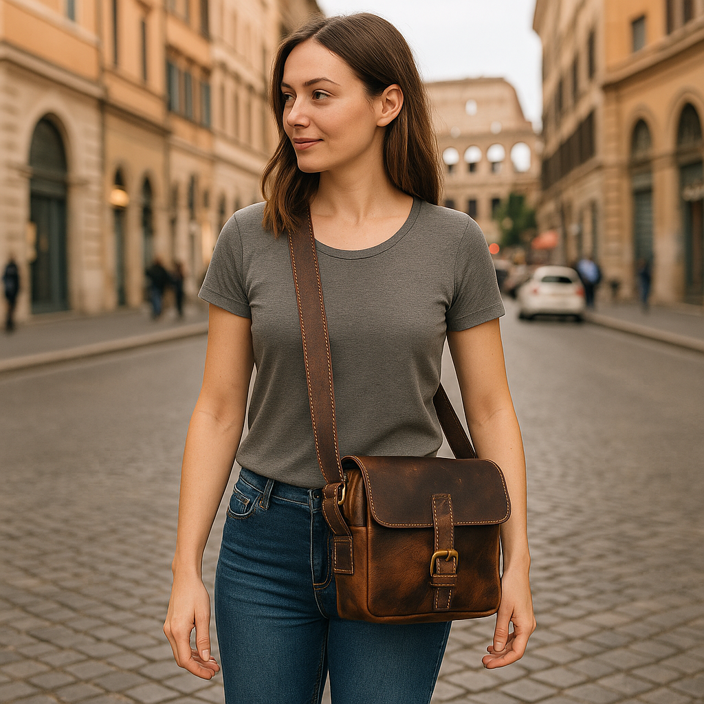 Handcrafted vintage brown leather sling bag with brass buckle and adjustable strap