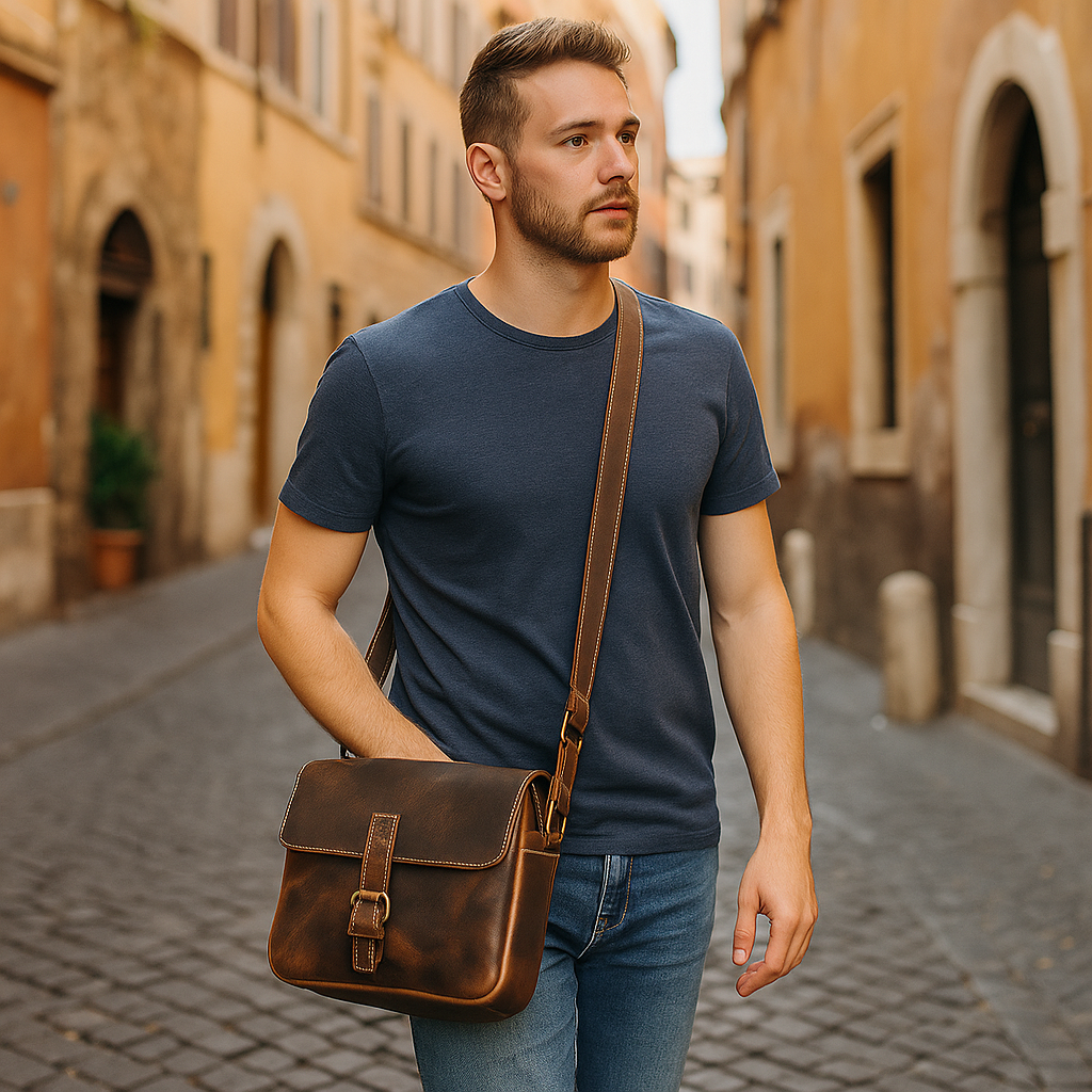 Handcrafted vintage brown leather sling bag with brass buckle and adjustable strap