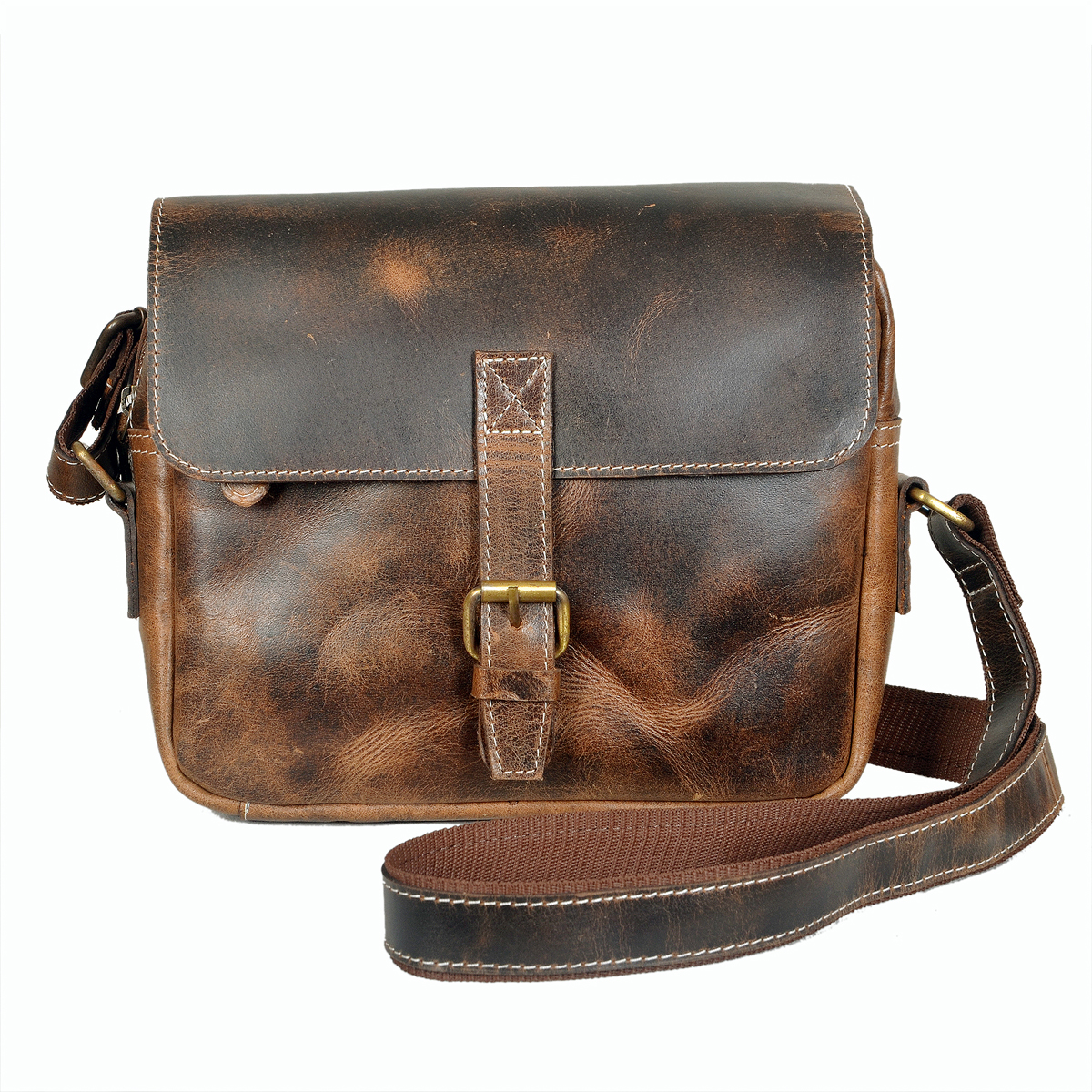 Handcrafted vintage brown leather sling bag with brass buckle and adjustable strap