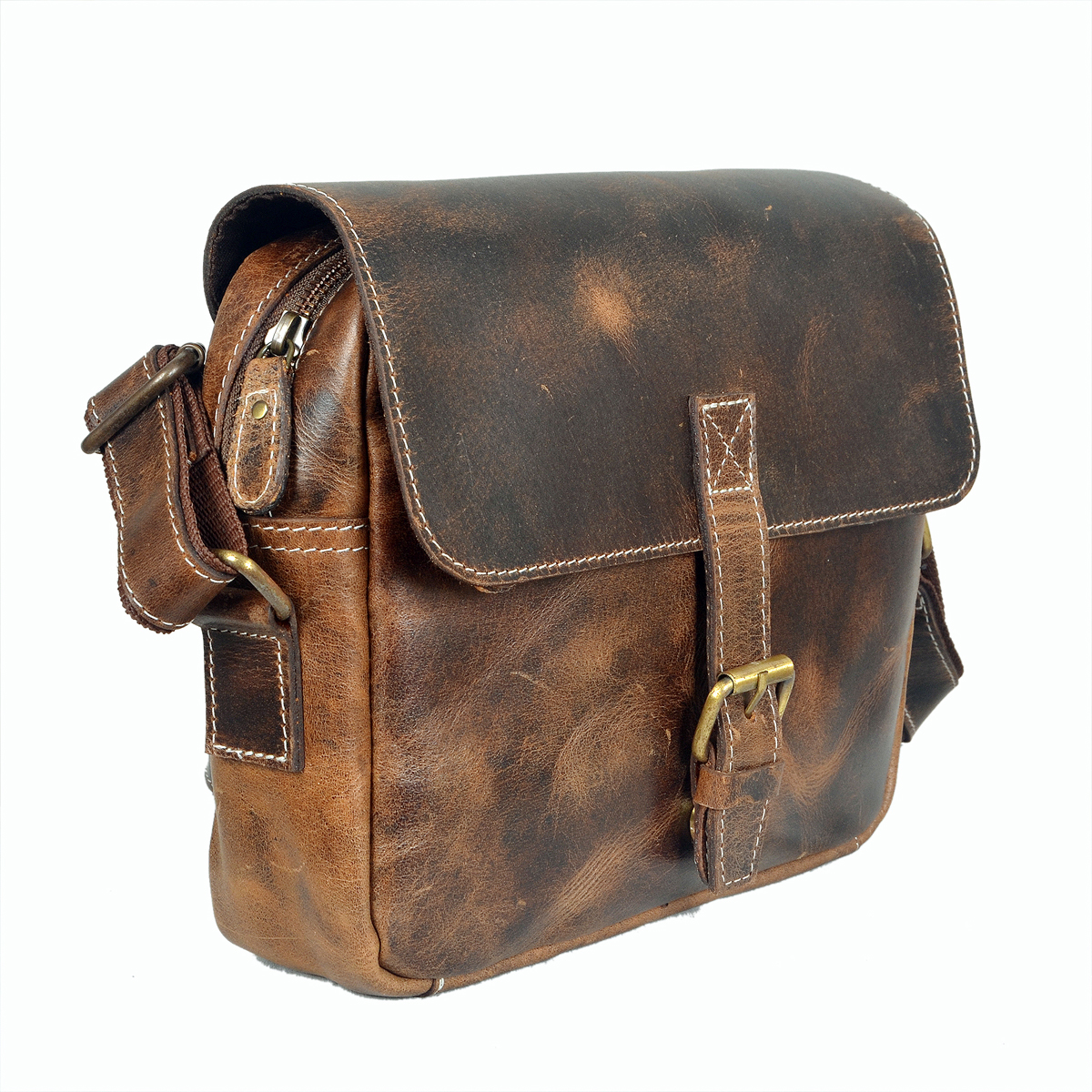 Handcrafted vintage brown leather sling bag with brass buckle and adjustable strap