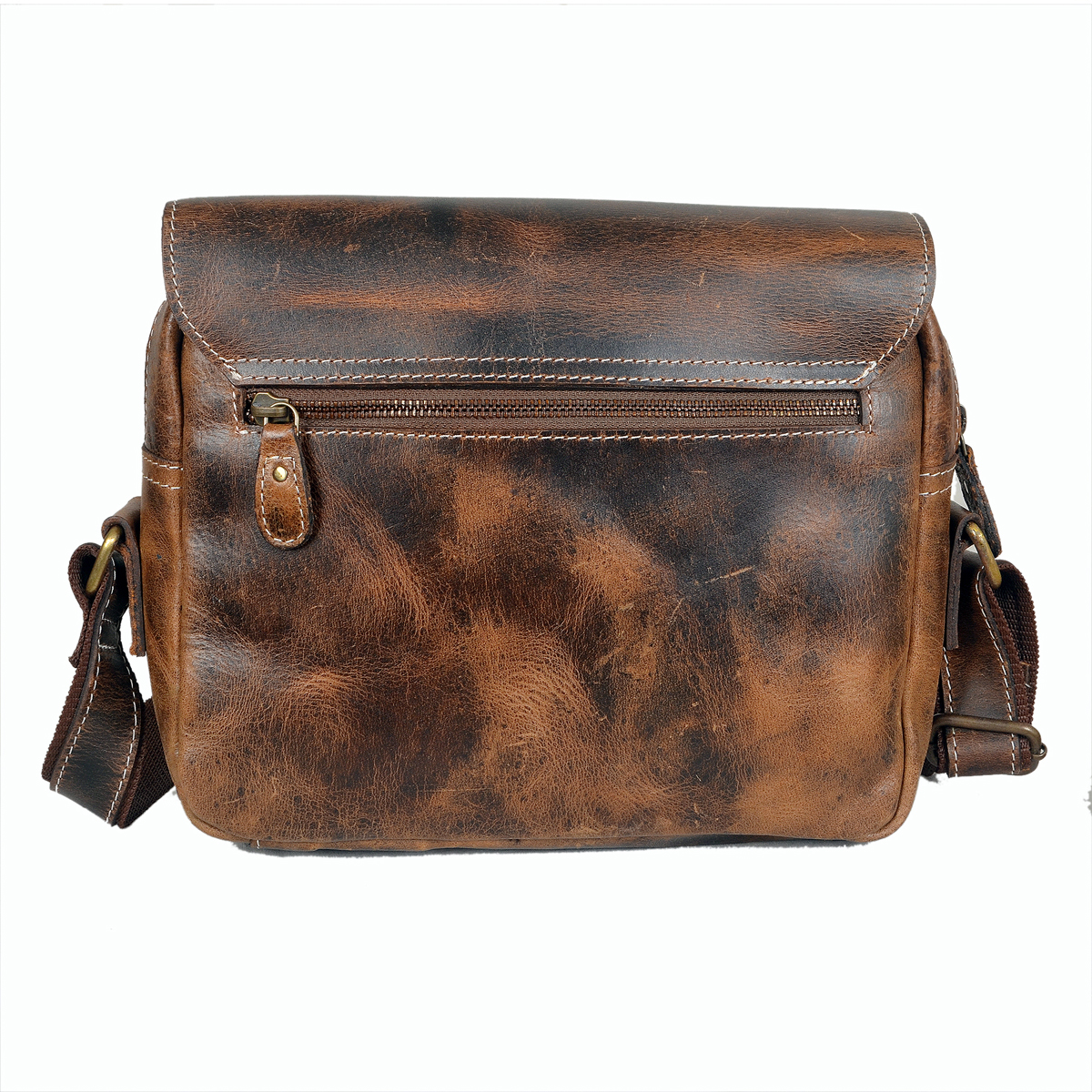 Handcrafted vintage brown leather sling bag with brass buckle and adjustable strap