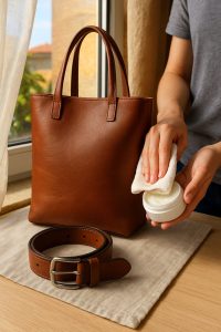 Hands applying leather conditioner to a cognac leather tote bag beside a matching belt in natural sunlight.
