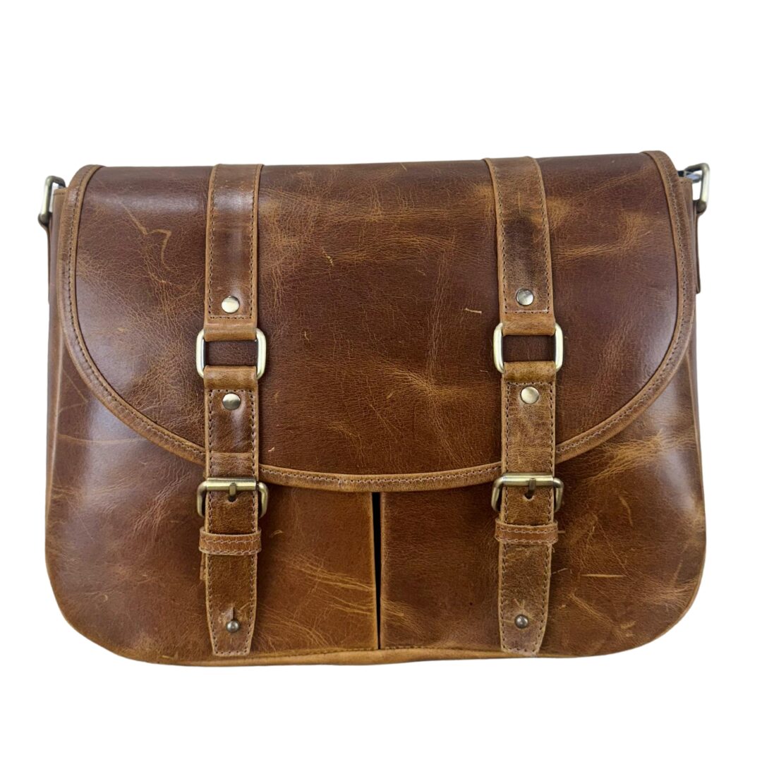 brown leather messenger bag front view
