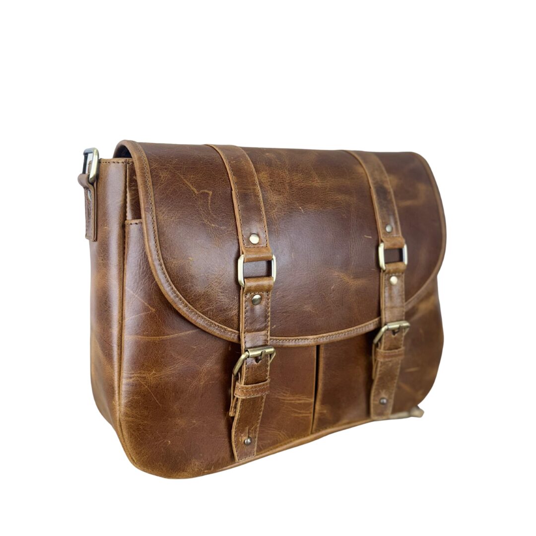 brown leather messenger bag side view