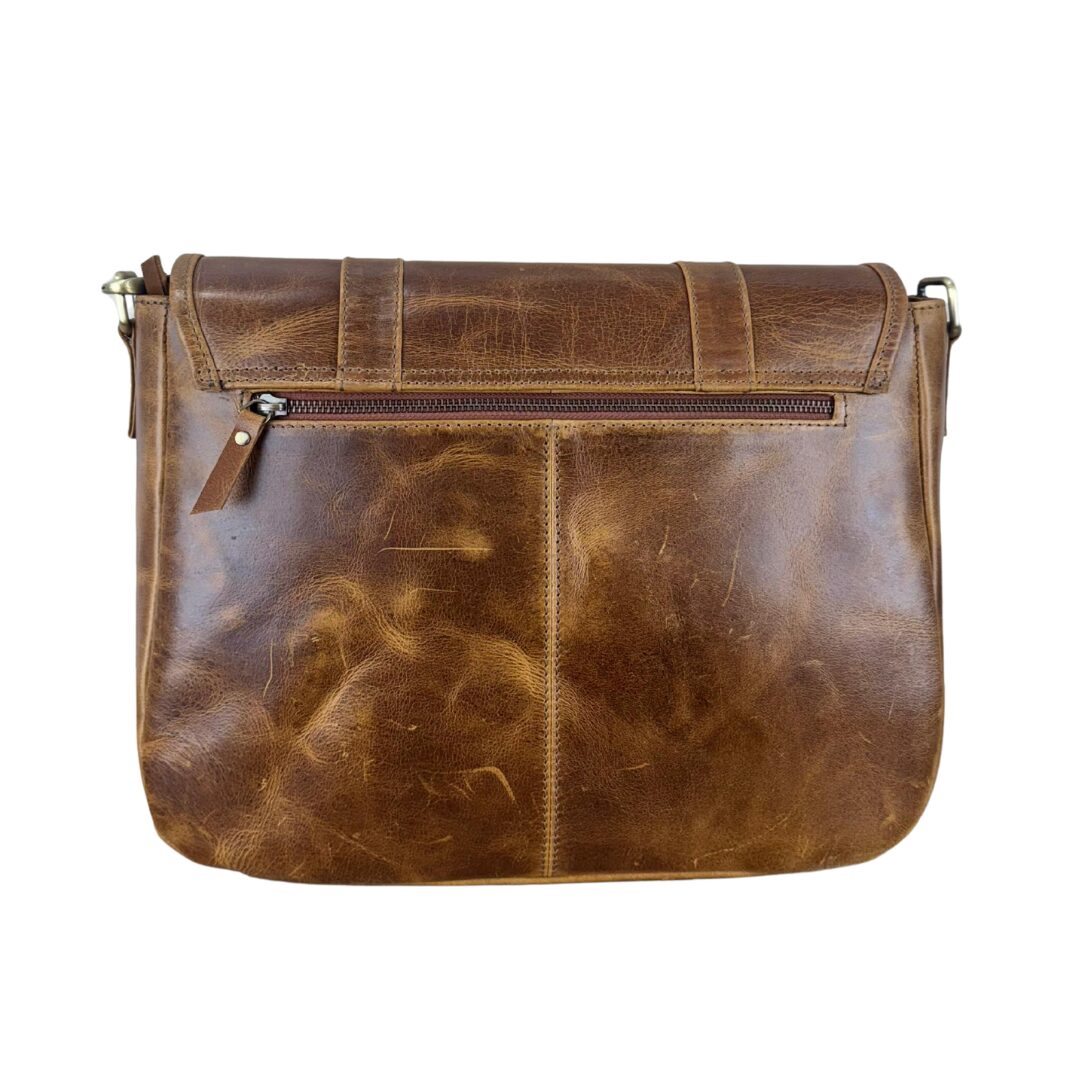 brown leather messenger bag back view